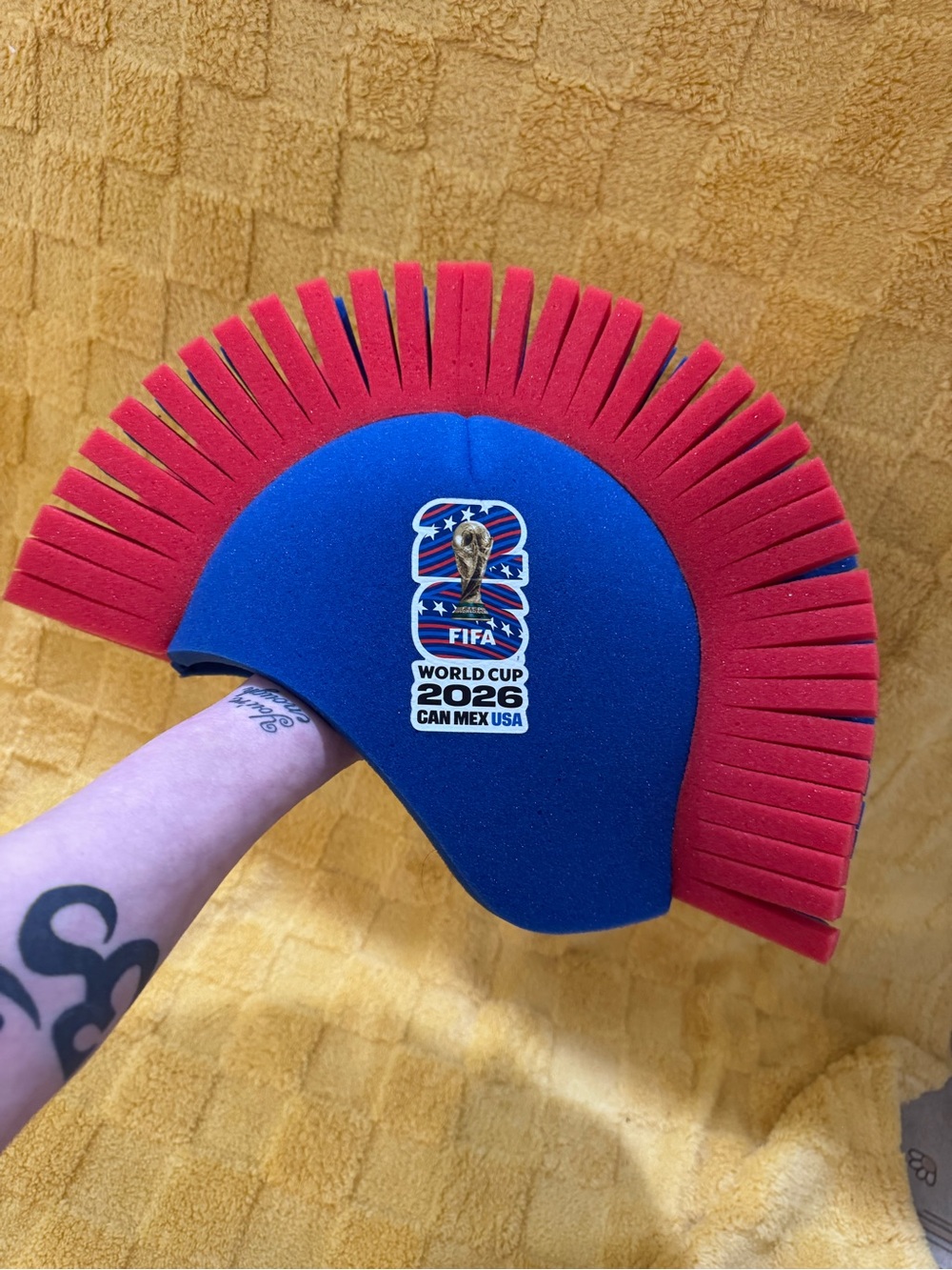 FA Blue Foam Mohawk Hat with Red Fringe